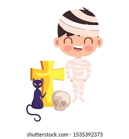 boy disguised as a mummy with icons halloween vector illustration design