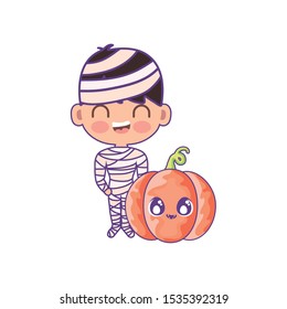 boy disguised of mummy with pumpkin vector illustration design