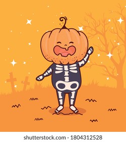 boy disguised of skeleton with head pumpkin for happy halloween celebration vector illustration design