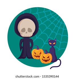 boy disguised as a skull dead with icons halloween vector illustration design