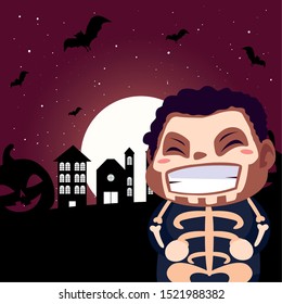 boy disguised as a skull dead in scene of halloween vector illustration design