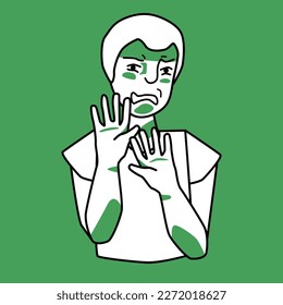 Boy with disgust emotion, green and white. Disgusted male kid, loathing schoolboy with sickness and repugnance. Adolescent raised his hands. Half body, line with spots style drawing.