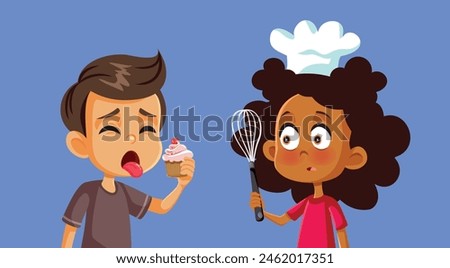 
Boy Disliking the Muffin Made by His Friend Vector Cartoon. Children playing in the kitchen making bad foods 
