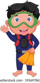 boy diver waving isolated on white background