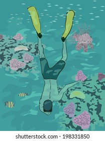 boy diving at coral reef - realistic illustration