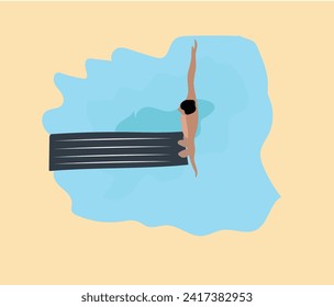 Niño sumergiéndose en el agua en la piscina. Hombre saltando a la ilustración vectorial de las olas azules. Nadador haciendo ejercicio en clase.  Feliz nadador, nadando en ropa de baño. Deporte acuático. Actividad, icono. Pose, postura.