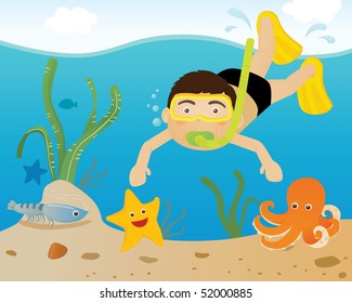 Boy diving in the sea to see the sea life