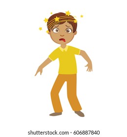 Boy And Dizziness,Sick Kid Feeling Unwell Because Of The Sickness, Part Of Children And Health Problems Series Of Illustrations