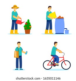 Boy do eco friendly activity flat vector illustration.