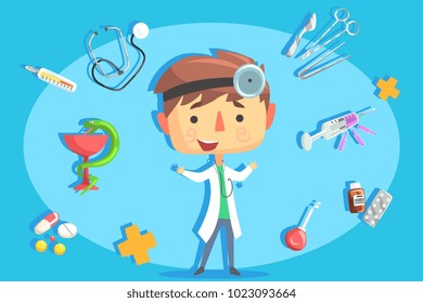 Boy Doctor, Kids Future Dream Professional Occupation Illustration With Related To Profession Objects