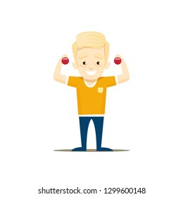The boy does exercises with dumbbells. Vector illustration.