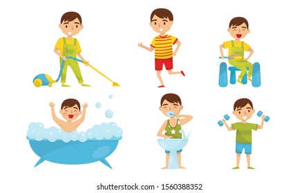 Boy does exercises and restores order in the house. Vector illustration.