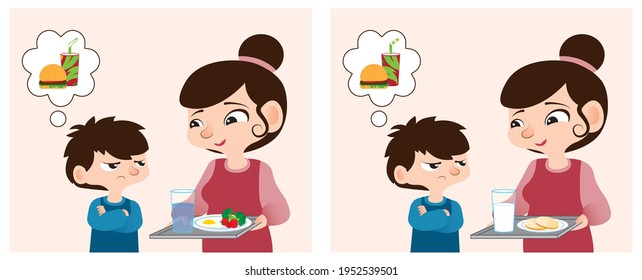 el niño no quiere comer la comida y leche útiles que su madre le trajo en una bandeja, frunce y quiere comer una hamburguesa y gaseosa, ilustración vectorial