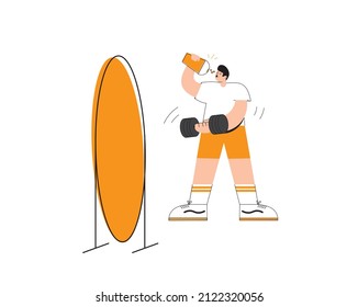 The boy does sports in front of the mirror.