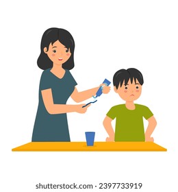 A boy doesn't like brushing his teeth, dental care in children.