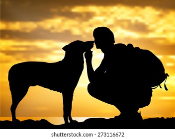 The boy with a dog against to sunset.vector illustration.