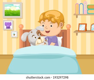 boy with dog in the bedroom
