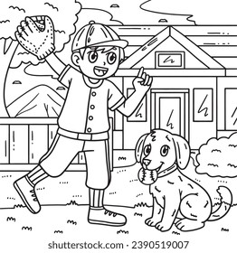 Boy and Dog Biting Baseball Coloring Page for Kids
