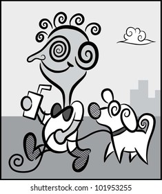 Boy and dog cartoon decorative. caricature drawing with monochrome artistic decoration