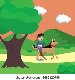 Boy with dog cartoon design, Mascot pet animal nature cute and puppy theme Vector illustration