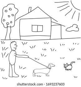 Boy with dog and cat. Continuous line drawing. Vector illustration on white background