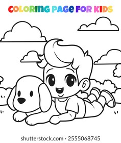 Boy with dog character coloring page outline vector illustration