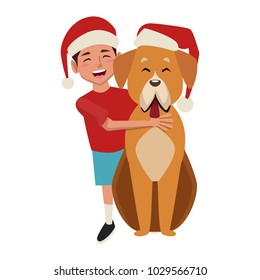 Boy and dog with christmas hats