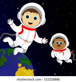 Boy And Dog In Costumes Astronaut Floating In Outer Space