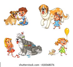 Boy and dog eating one ice-cream. Little girl walking with big St. Bernard. Beautiful girl is combing her dog with brush. Child walking with dog on leash. Funny cartoon character. Vector illustration