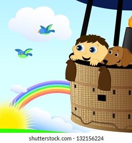 the boy and the dog fly in a hot air balloon