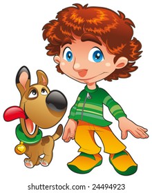 Boy with Dog friend. Funny cartoon and vector characters