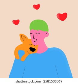 Boy and dog friendship. Young man cozy hugging cute dog with care and love, sketch acting loving between man and puppy isolated on white background, vector illustration