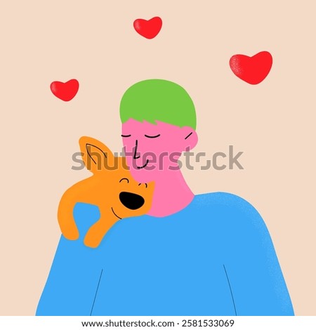 Boy and dog friendship. Young man cozy hugging cute dog with care and love, sketch acting loving between man and puppy isolated on white background, vector illustration