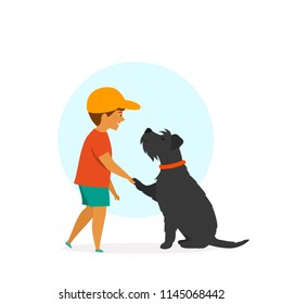 boy and dog greeting scene, cute isolated vector illustration