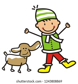 Boy and dog, happy kid with pet, vector illustration