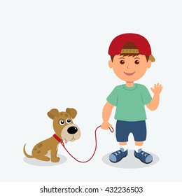 Boy And Dog Isolated On The White Background. Kid Friendly Waving Hand Holding His Puppy On A Leash. Vector Illustration Child And Puppy Best Friends.