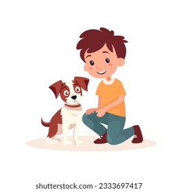 Boy and dog lovely cartoon character. Vector illustration. Isolated on white background