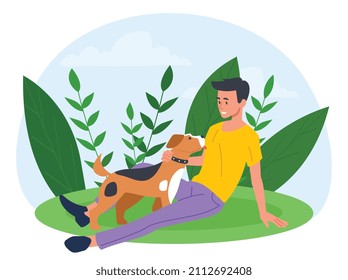 Boy with dog. Man sits in nature with his pet. Outdoor recreation, walks in city or town park, active lifestyle. Love and care, friendly young attractive guy. Cartoon flat vector illustration