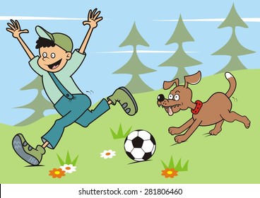 boy and dog in nature, funny vector illustration