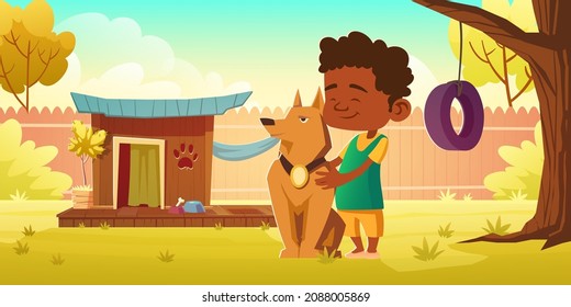 Boy and dog on backyard with canine kennel, fence and tree with tire swing. Vector cartoon illustration of garden or house yard with doghouse and happy kid with pet