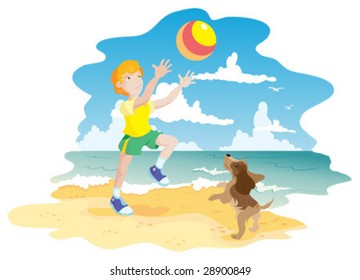 Boy and dog on beach play ball