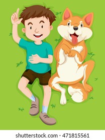Boy and dog on the grass illustration