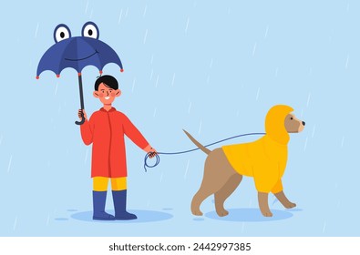 Boy with dog outdoor. Young guy with umbrella and puppy at leash. Wet and rainy weather at nature. Household chores and routine. Cartoon flat vector illustration isolated on blue background