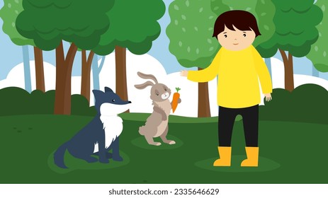 Boy and dog in the park. Vector illustration in flat style.