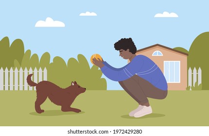 Boy and dog pet play together in park or summer garden vector illustration. Cartoon teen male character playing with funny doggy domestic animal, training puppy friend, holding ball background