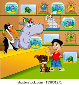 boy with a dog in a pet store aquarium choose, vector