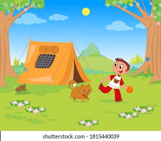 Niño y perro jugando en un camping, ilustración vectorial
