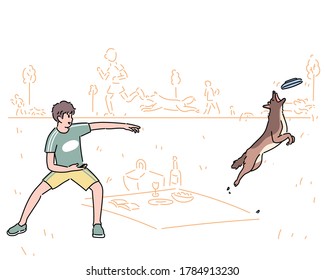 A Boy And A Dog Are Playing Frisbee. Hand Drawn Style Vector Design Illustrations. 