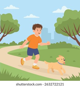 Boy and a dog playing and running in the park. Vector illustration