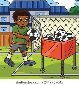 Boy and a Dog Playing Soccer Colored Cartoon 
